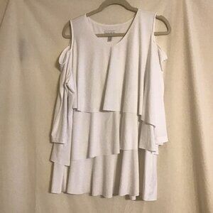 SUSAN GRAVER Women's White Scoop Neck 3/4 Sleeve Cold Shoulder Tiered Top 1X